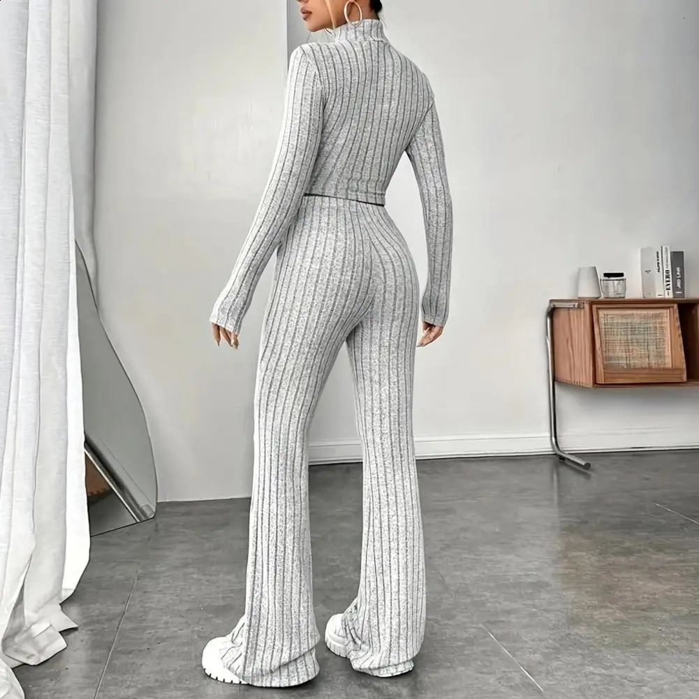 2 Pcs/Set Winter Women Knitted Top Pants Set Half-high Collar Top High Waist Trousers Set Solid Color Womens Two Pieces Set 250122