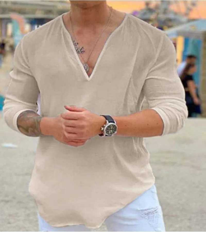 Mens New Spring And Summer Fashion Comfortable Casual V-neck Pullover Solid Color Trend Personality Long-sleeved ShirtXJ250121