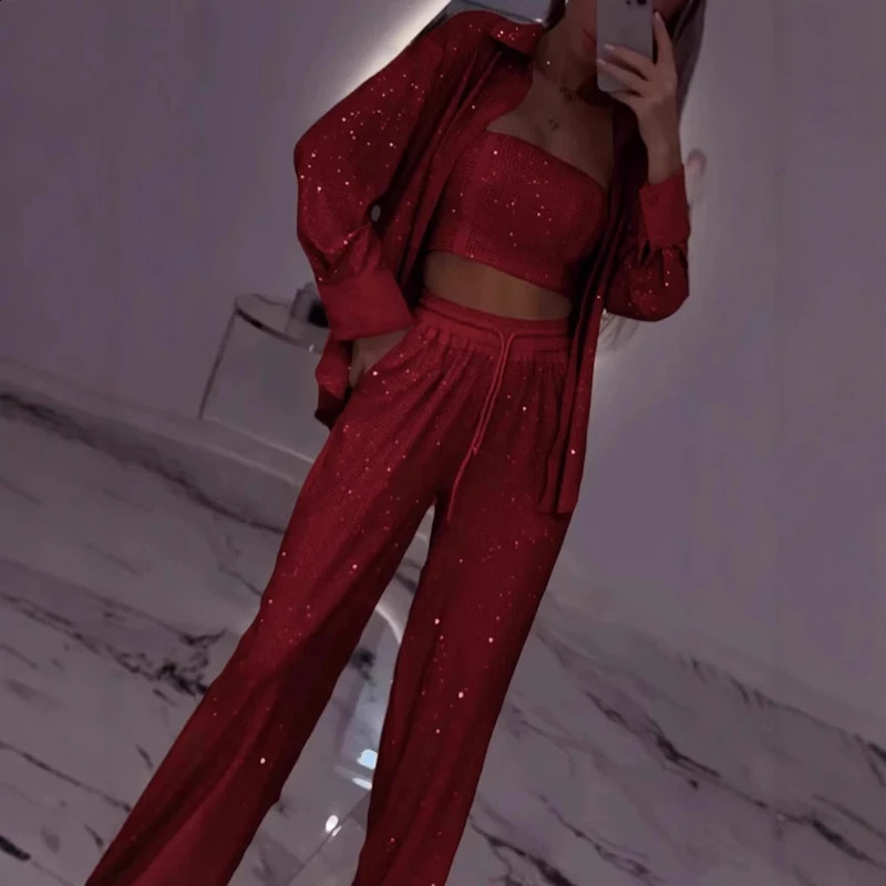 Casual Lapel Shirt Commuting Suit Elegant Club Party Multicolor Outfit Fashion Sequin Long Sleeved Women 3 Piece Set For Spring 250122