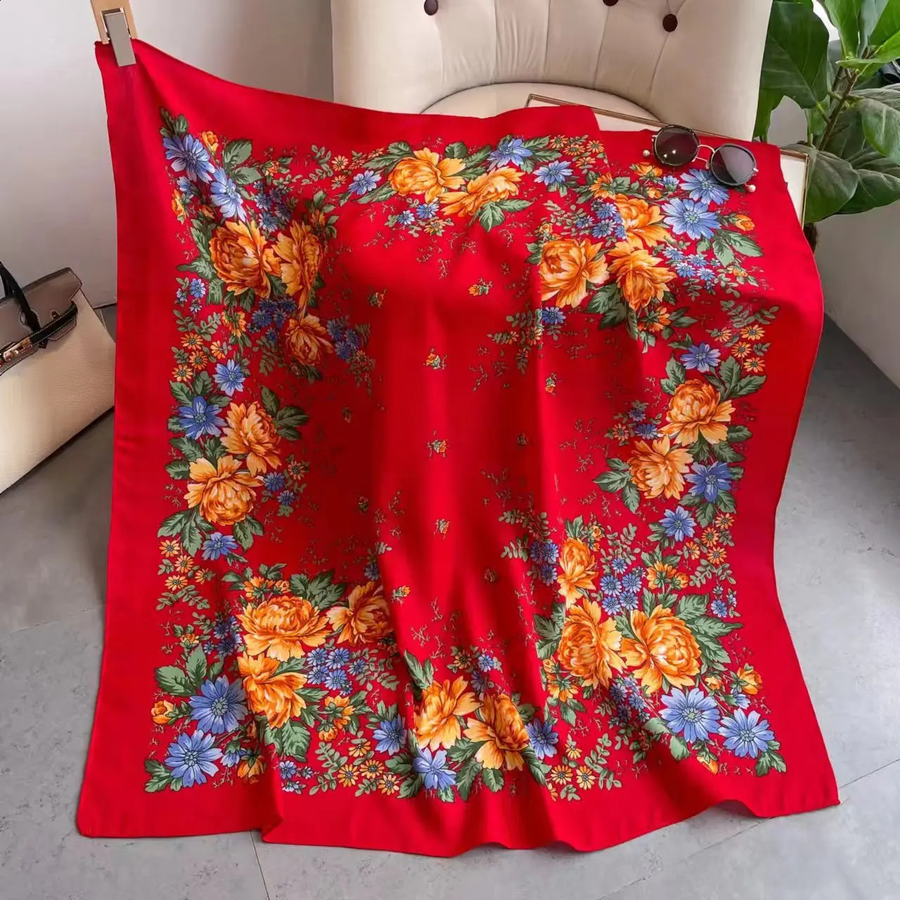 110*110cm Russian Square Scarf Women Floral Print Bandana Shawl Retro Ukrainian Spanish Shawls Ethnic Handkerchief Wraps 250120