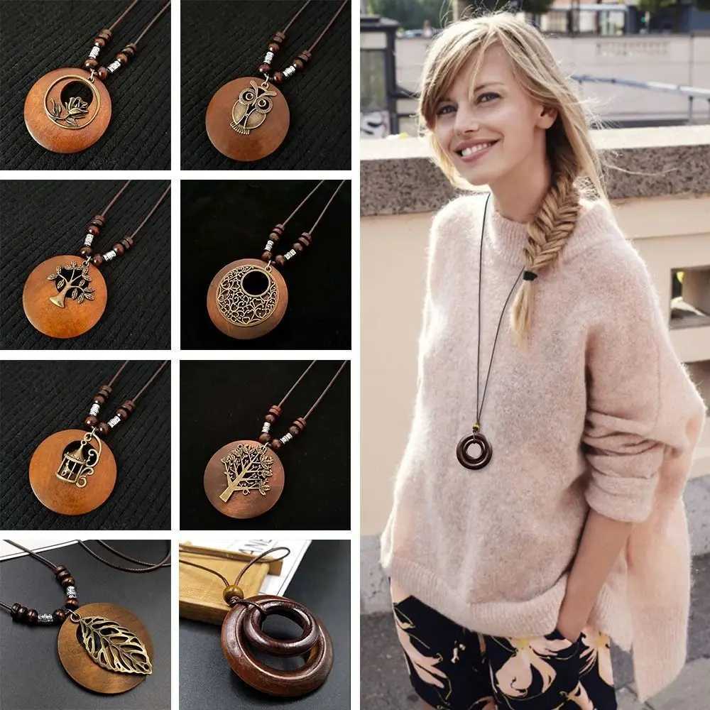 Ethnic Round Wooden Leaf Owl Long Sweater Chain Retro Necklace Women Clock Pendant Female Jewelry Neck Accessories Gifts CollarXJ250121