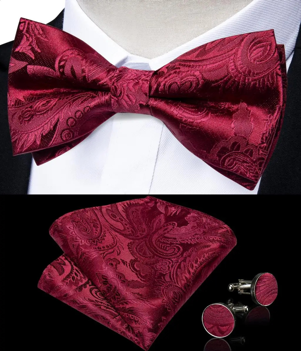 Wedding Bow Tie for Men Classic Red Pretied Bowtie Cufflinks Corsage Set Party Silk Butterfly Knot Gift Man Accessories 250118