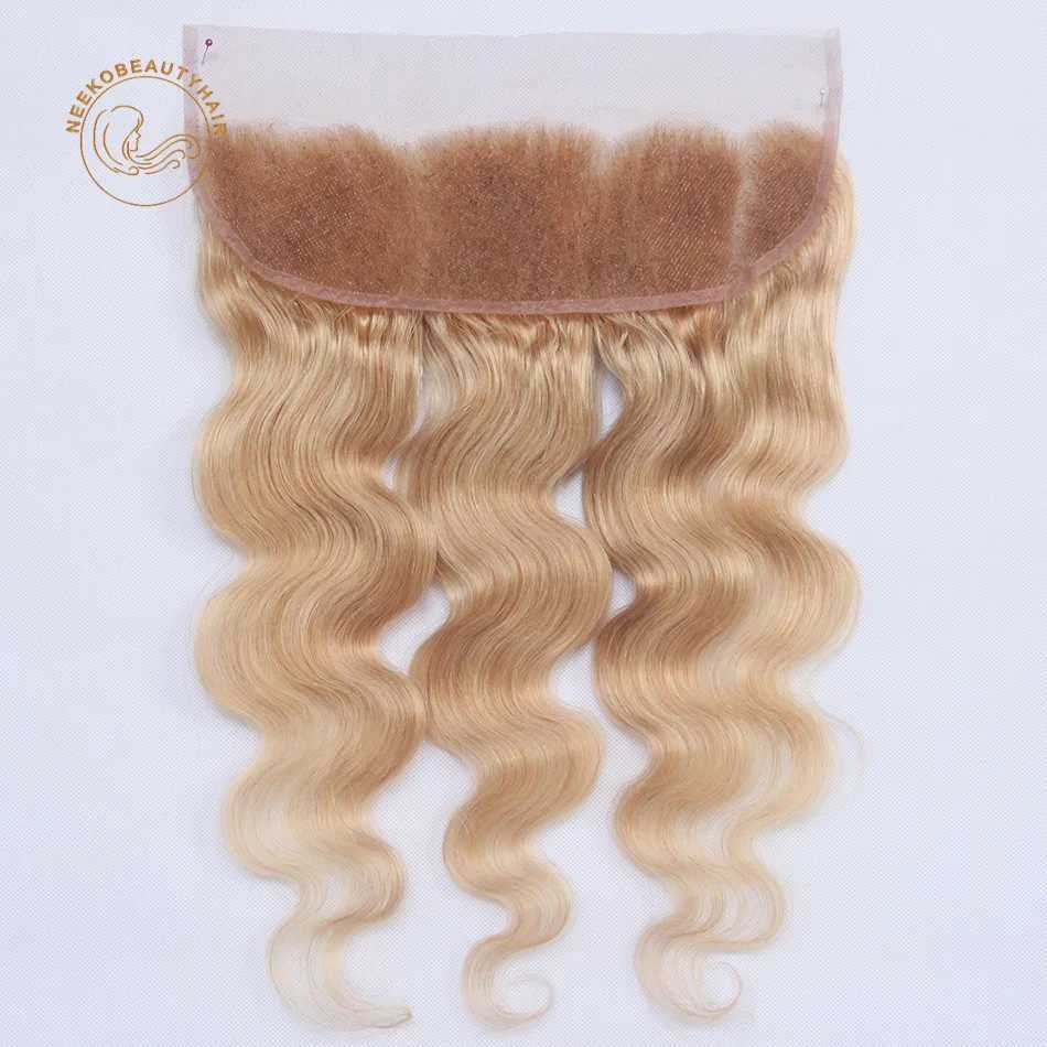 Honey Blonde Human Hair Bundles with Lace Frontal Ash Blonde Colored Hair Bundles with Frontal Body Wave Hair Color #27XJ250120