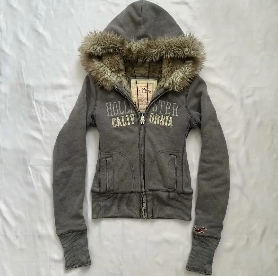 Y2K Goth Fur Collar Hooded Zipper Jacket Harajuku Letter Graphic Embroidery Slim Hoodie Autumn Winter Girl Jacket Sweatshirt 250116