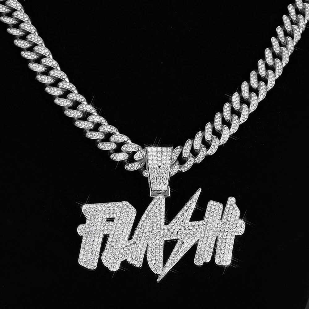 New Hip Hop Flash Lightning Large Letter Pendant Necklace With 13mm Cuban Chain Letters Necklaces For Mens Women Rapper JewelryXJ250121