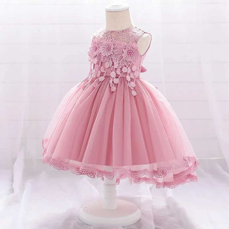 Cute Girl Pink Princess Dress Newborn Childrens 1st Birthday Party Embroidered Flower Costume Baby Bow Baptist Dress X250203
