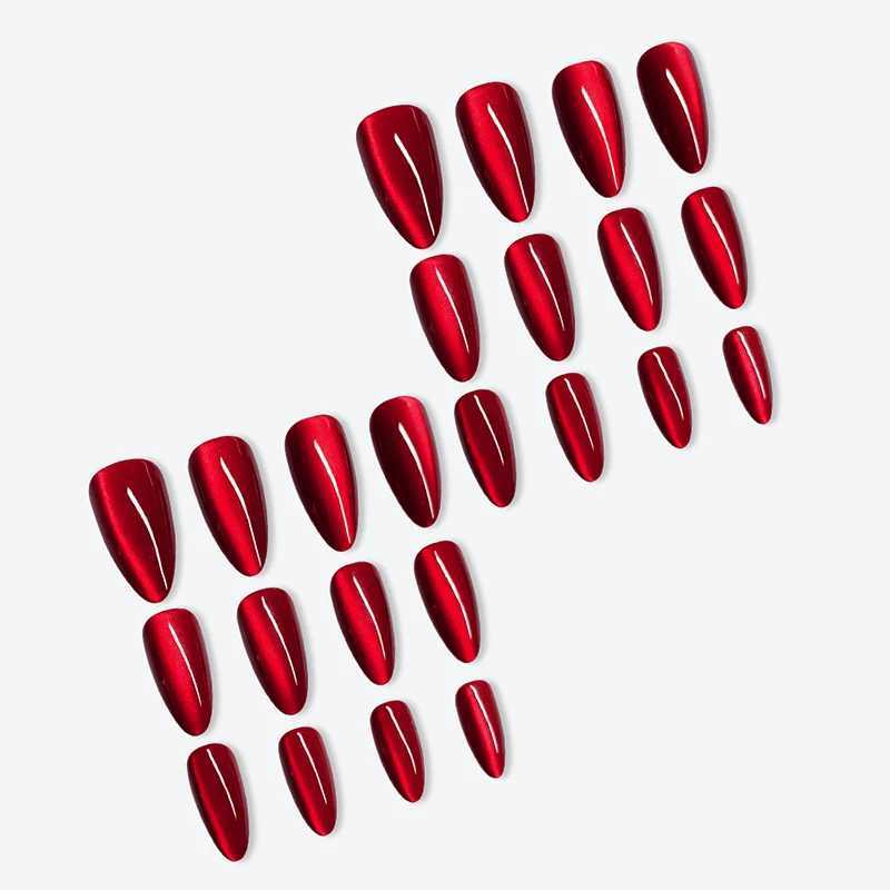 24 sparkling red cat magnet fake nails are fashionable and detachable. The fake nails are pressed onto the nails and decorated with adhesive treatment