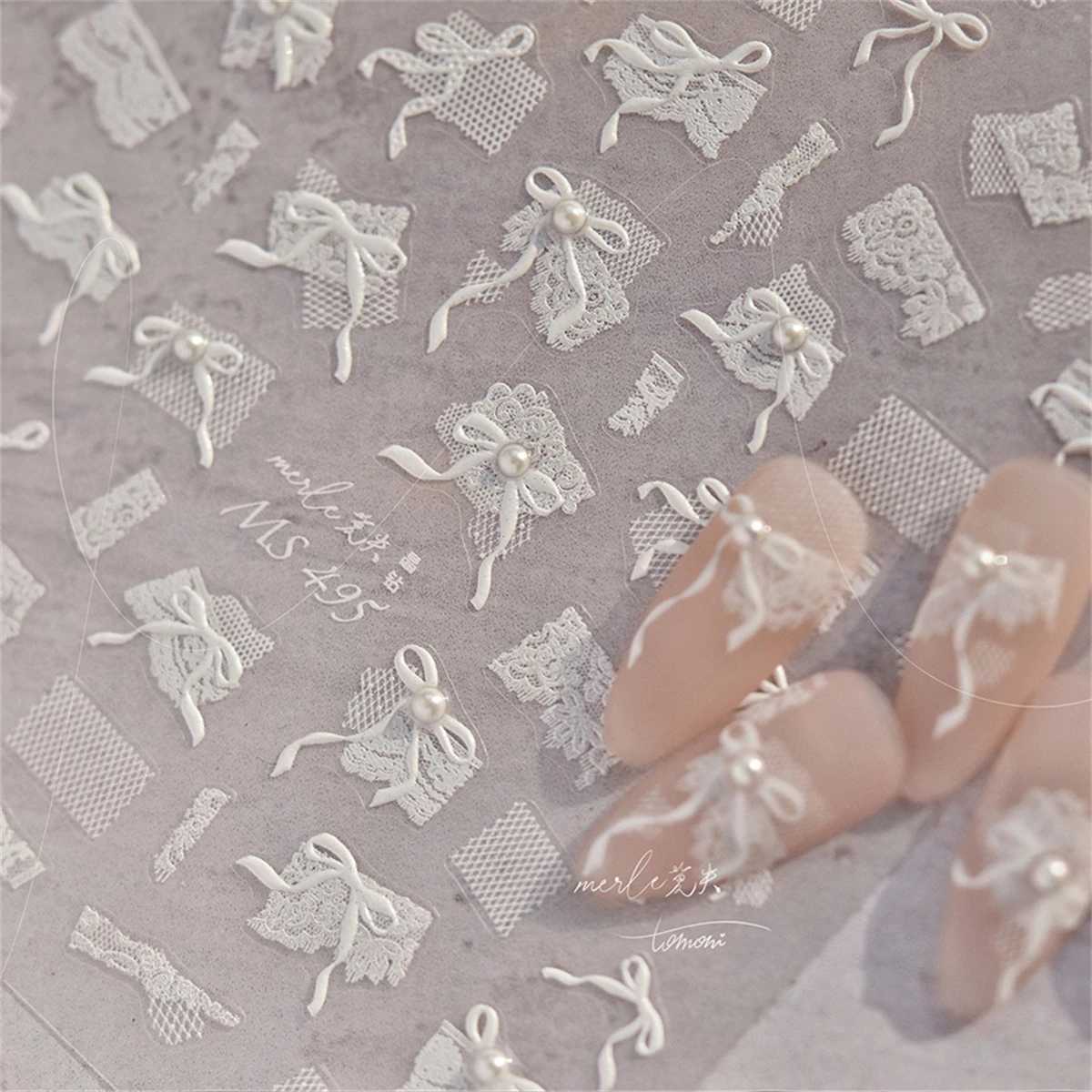 1pcs 5D Diamond Japanese White Lace Bow Nail Art Stickers Pearl Rhinestones Nail Decoration Adhesive Decals Slider DIY AccessoryXJ250120