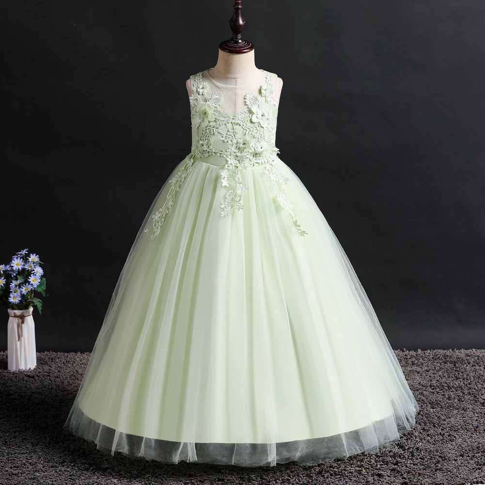 Green New Girl Flower Long Dress Childrens Ball Embroidered Princess Dress for 4 to 14 years Girl Party Wear X250203