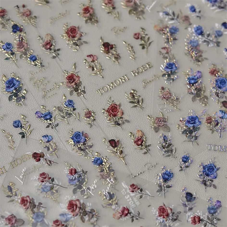 Japanese Vintage Red Blue Rose Flower Laser Gold Silver Nail Stickers Nail Art Decal Design Manicure Tool High QualityXJ250120