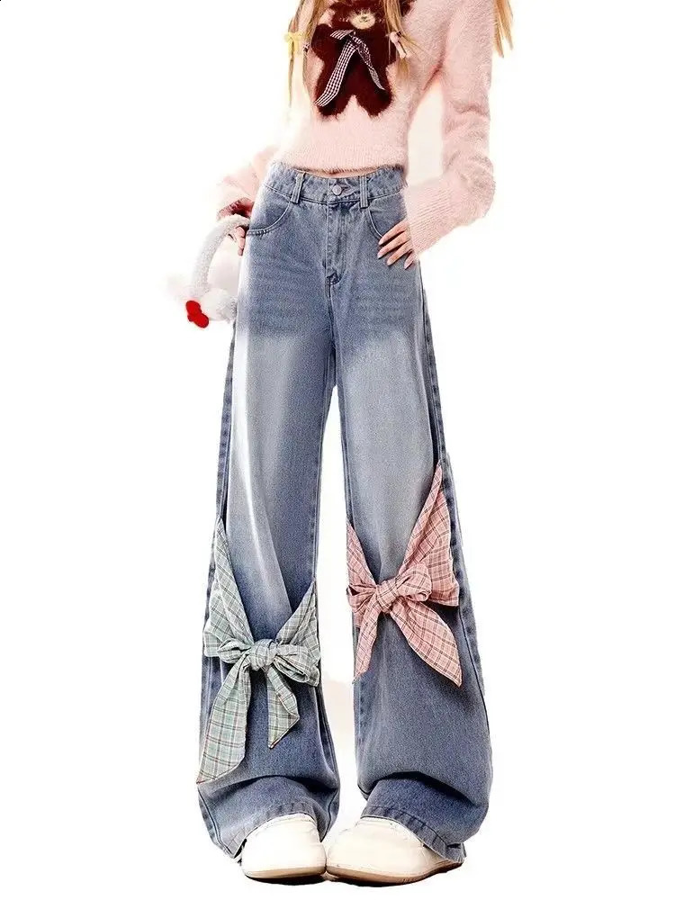 American retro gothic checkered patchwork women jeans with bow tie and loose bandwidth Y2k streetwear wide leg pants 250121