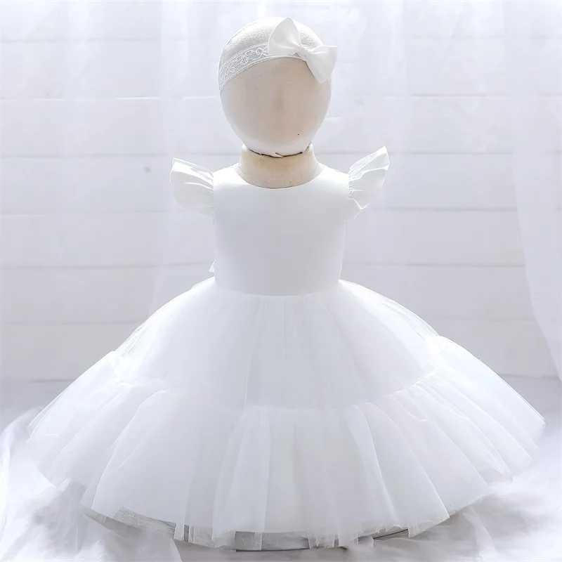 Baby Girl Clothes Kids Tutu Summer Dress Lace Headwear 1 Year Newborn Christening Princess White Dress Party Children Baptism X250203