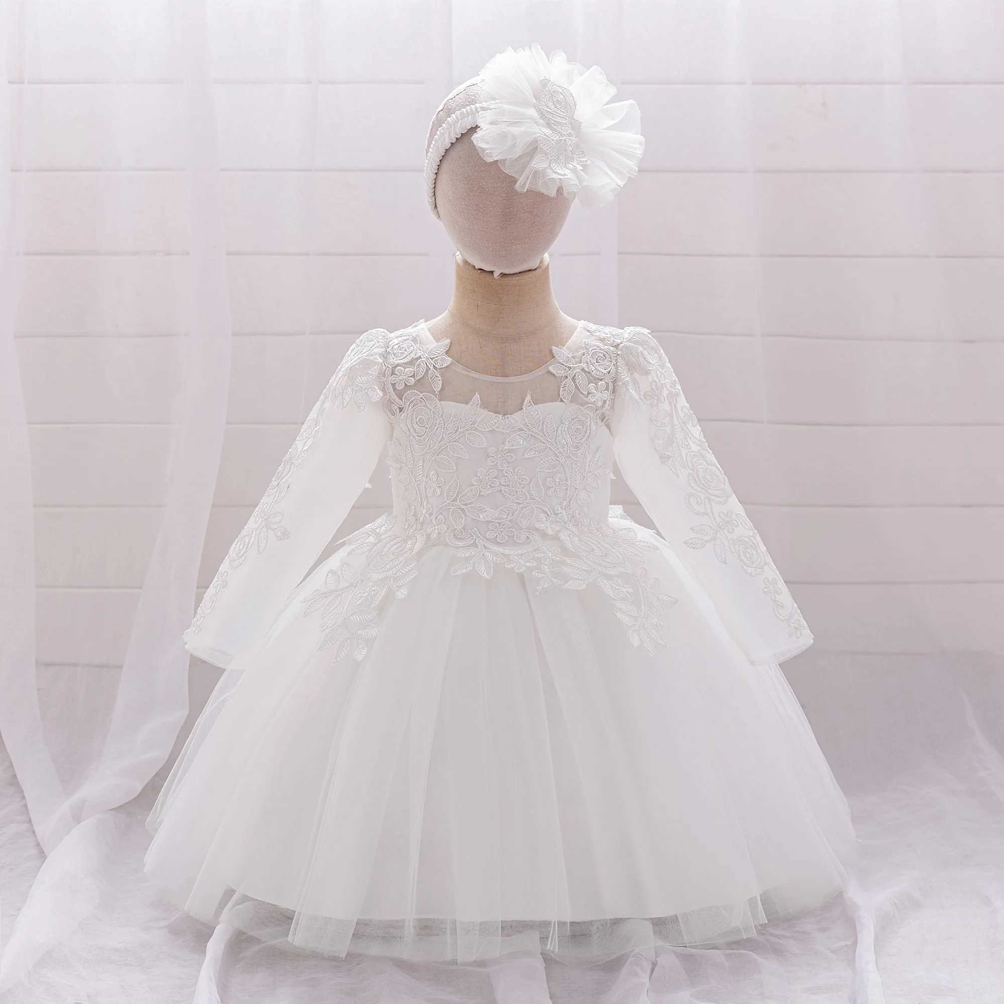 Long Sleeve White Baptism Baby Girl Wedding Dress Applique Bow 1st Birthday Party Princess Dresses Girls Toddler Tulle Prom Gown X250203