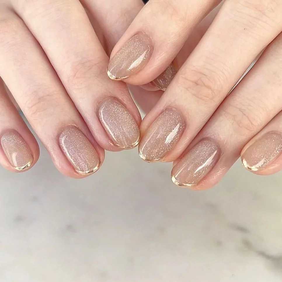 24Pcs Removable Wearable False Nails Art Short Glitter French Gold Edge Fake Nails Waterproof Press on Nail Tips Nails SuppliesW250120