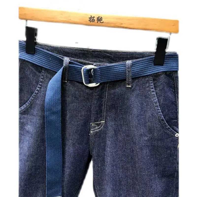Summer Cargo Mens Casual Knee-length Denim Shorts Solid Deep Blue Color with Large Pockets Streetwear Classic Jeans Shorts Male X250203