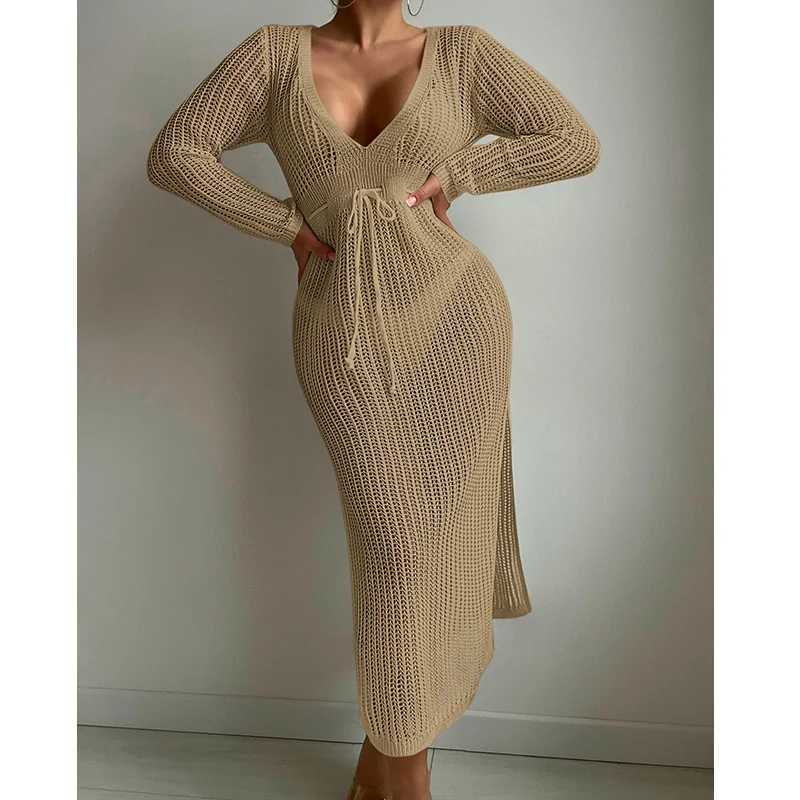 Long Sleeve Deep V Knit Dr Sarong Boho Beach Cover up Summer Crochet Bikini Cover-ups Side Slit Swimwear Women Swimsuit W250120