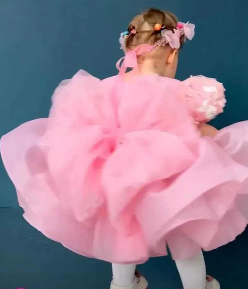 New Fluffy Baby Girl Dress Pink Party Gown Lolita First Birthday Princess Dress Christening Gown Baby Clothing with Big Bow X250203