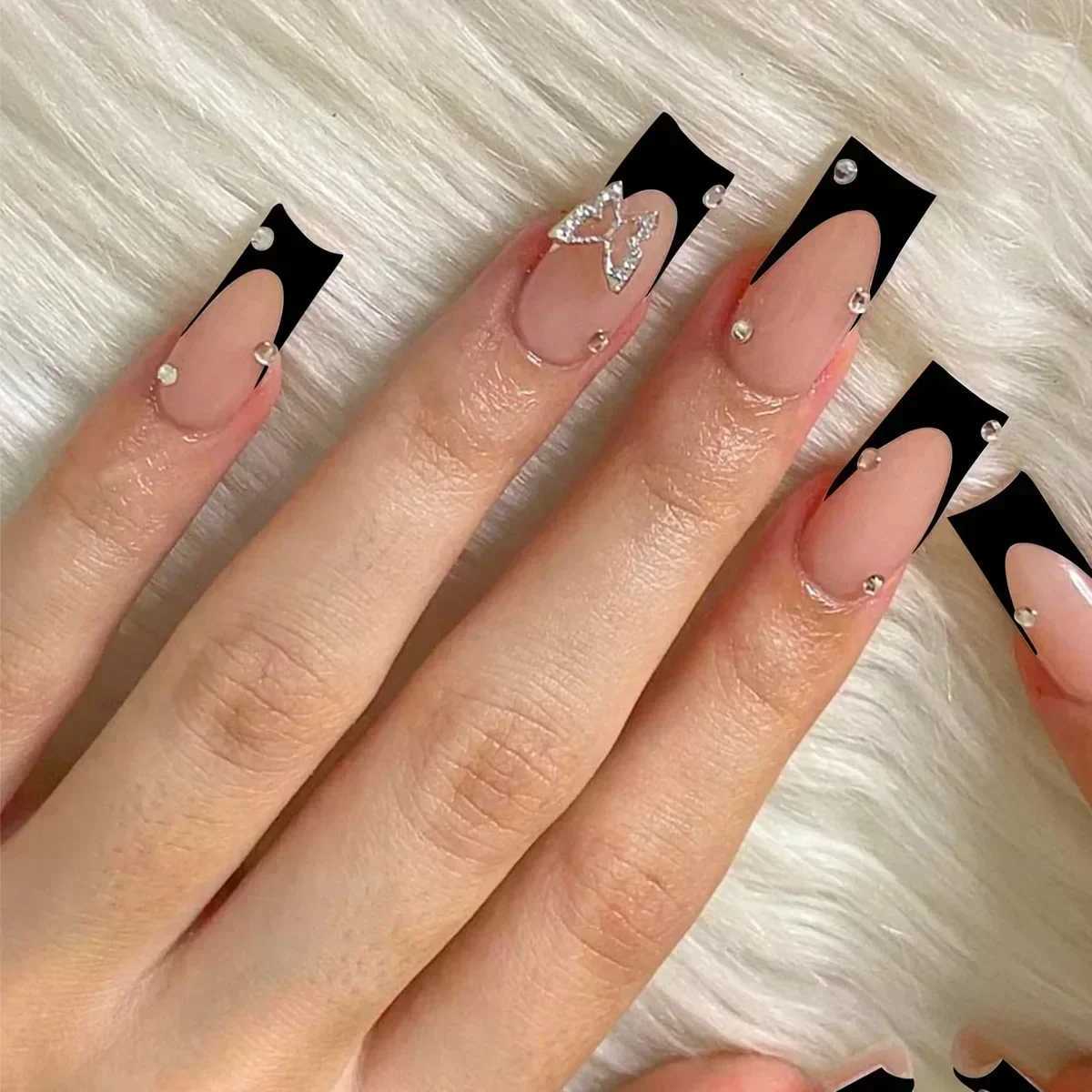 24pcs False Nails with glue butterfly design Long Coffin French Ballerina Fake Nails Full Cover acrylic Nail Tips Press On NailsW250120