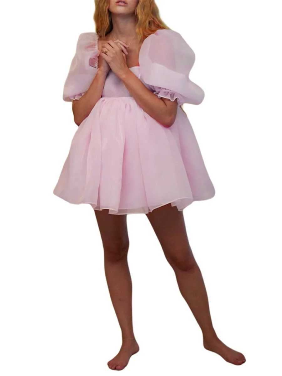 Women Summer Puffy Dress Solid Color Square Neck Bubble Sve Short Dress for Ladies Pink YellowXJ250115