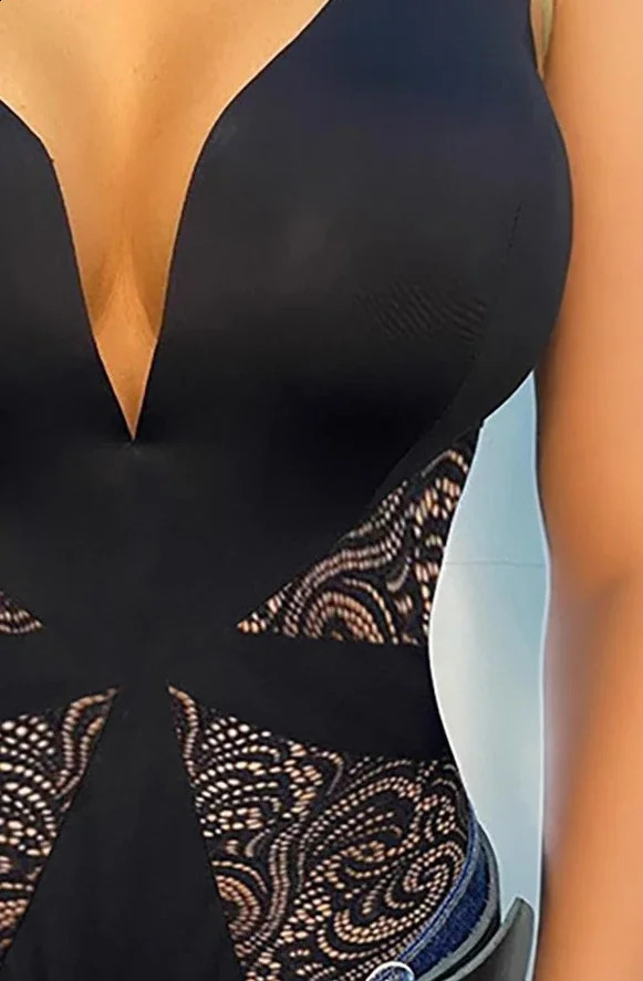 Womens Clothing Black Sexy Lace Splicing Onepiece Suspender Top Romper V Neck Sleeveless 250108