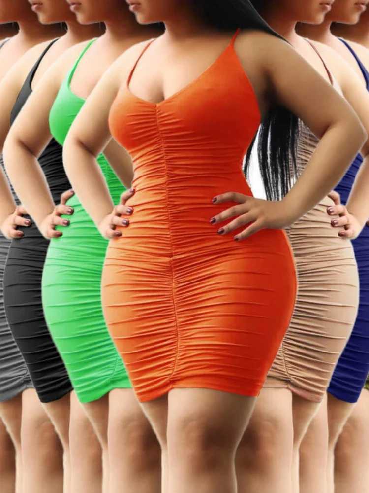 Sexy Low-cut V Neck Pleated Bodycon Dress Women Spaghetti Strap Solid Color Sveless Mini Dress Ele Club Party VestidosXJ250115