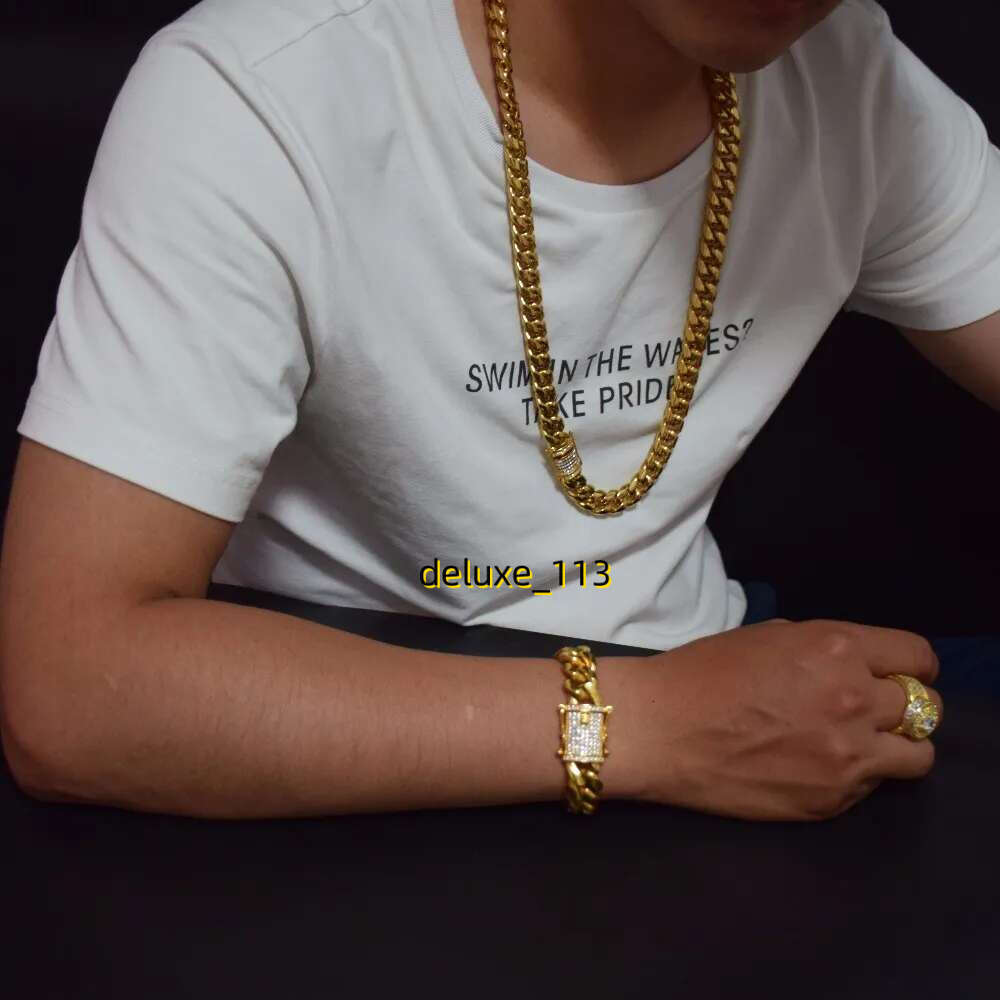 12mm/14mm Mens Miami Cuban k Necklace Chains Stainless Steel CZ Clasp Iced Out Gold Hip Hop Jewelry