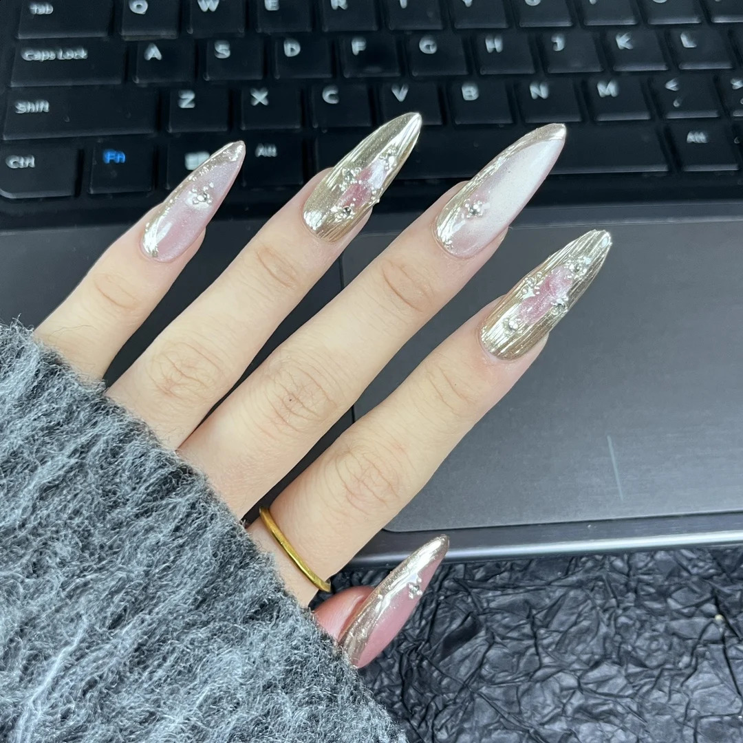 Emmabeauty Pink Crystal Cat Eye Sweet Cool Almond Water Drop Shape Blush Gold Hand Painted Press On Nails with Cool Style 250108