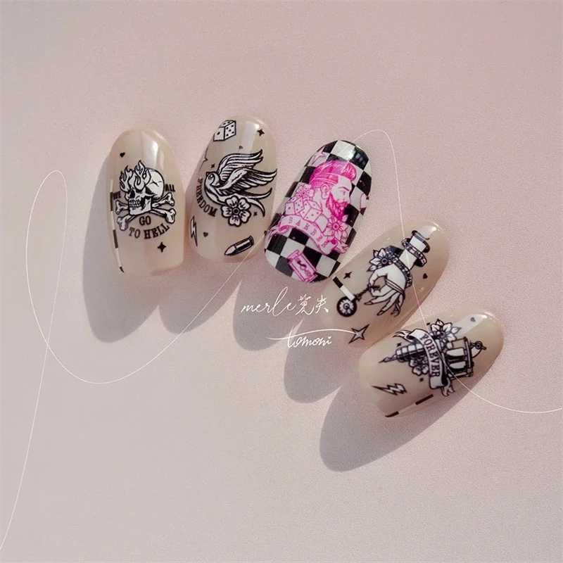 Retro Black Line Skull Man Woman 5D Embossed Relief Self Adhesive Nail Art Sticker Bear Bunny Hand Bird Horror 3D Manicure DecalXJ250120
