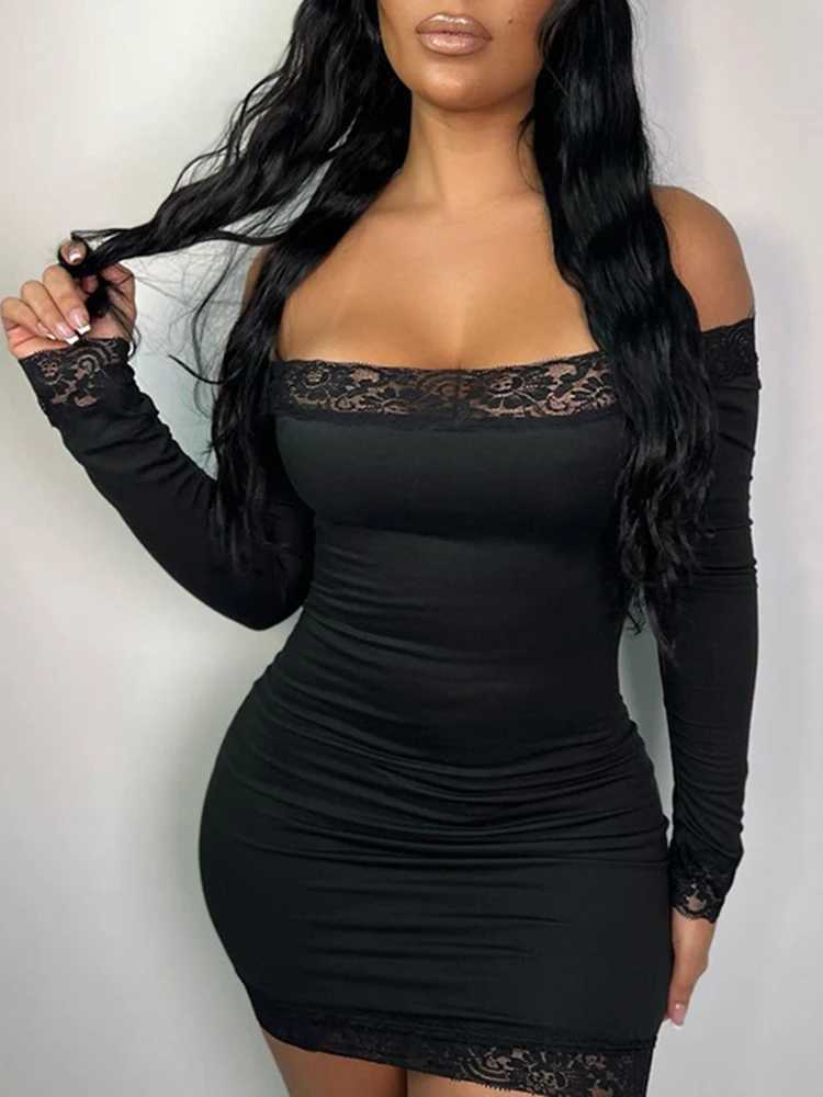 Solid Slim Lace Trim Off Shoulder Long Sve Black Short Dress Women Ele Sexy Party DressesXJ250115