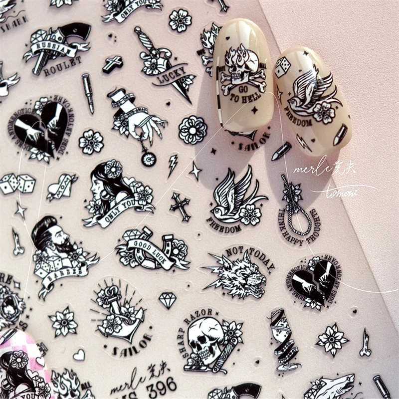 Retro Black Line Skull Man Woman 5D Embossed Relief Self Adhesive Nail Art Sticker Bear Bunny Hand Bird Horror 3D Manicure DecalXJ250120