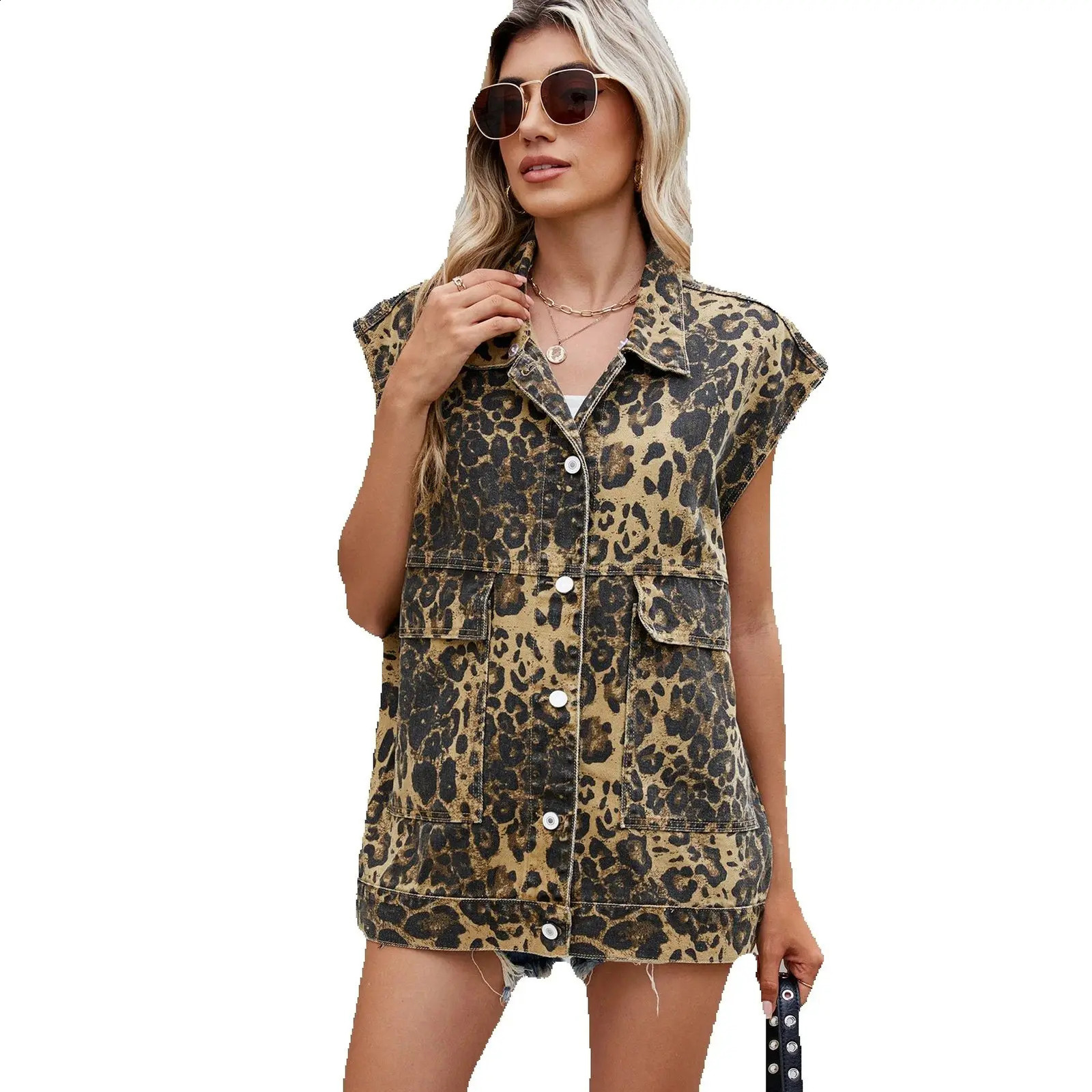 2025 Spring Womens Loose Hooded Leopard Denim Vest Fashion Casual Sleeveless Mid-Length Jeans Coat 250122