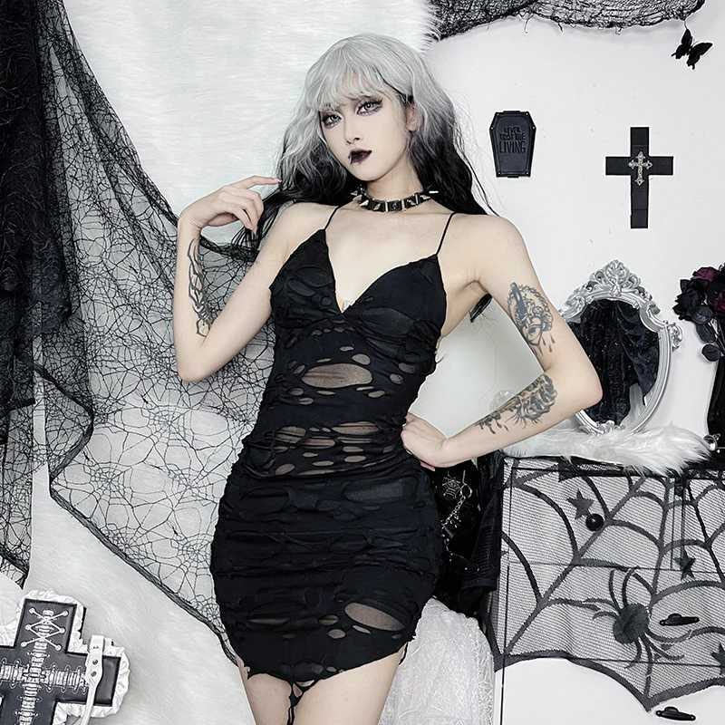 Gothic Style Ripped Hole Slim Fit Slit Bag Hip Skirt Irregular Design Black Suspender DressXJ250115