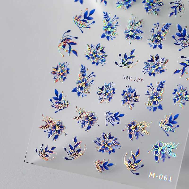 Acrylic Engraved Nail Sticker Holographi Blue Flowers Gold Line Self-Adhesive Nail Transfer Sliders Wraps Manicures Foils Z0661XJ250120