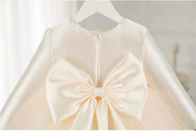 Preschool light champagne chiffon party dress long sleeved baptismal party wedding one-year birthday bow girl princess dress Vestdos X250203
