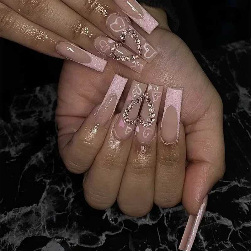24Pcs Shimmery On Coffin False Nails with Glue Ballerina Nail Design Sweet Fashion French Press on Acrylic Nails Manicure TipsW250120