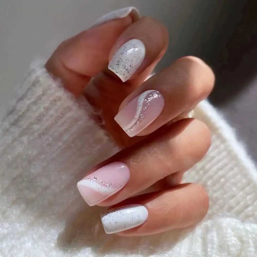 24Pcs Short Square Coffin False Nail with Jelly Adhesive Glitter Gradient Design Detachable False Nail Full Cover Press on NailsW250120
