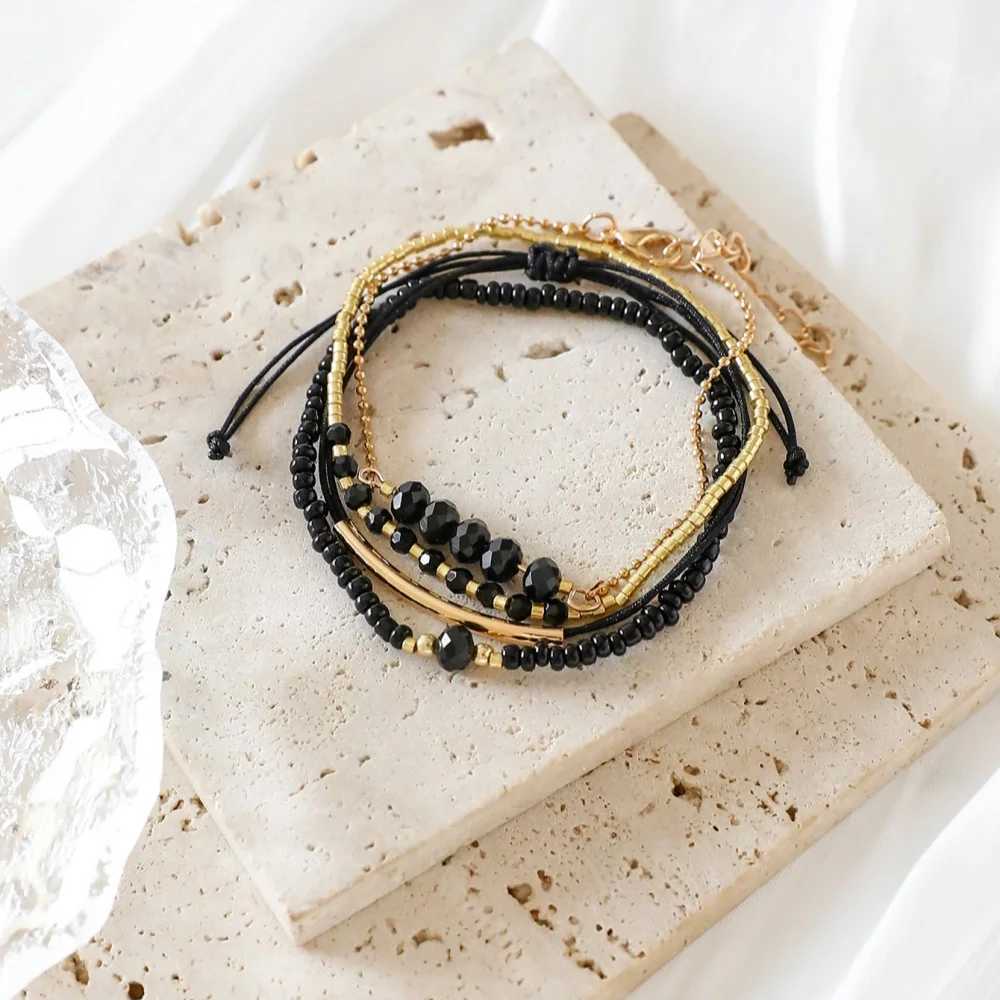 4Pcs/Set Fashion Black Glass Stone Bracelet Suitable for Womens Bohe Handmade Jewelry Accessories W250121