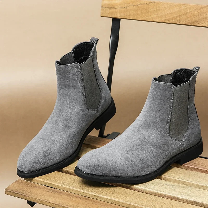 Gray Chelsea Boots for Men Flock Business Men Ankle Boots Cowboy Boots Handmade Men Size 38- Zapatos De Hombre 250120