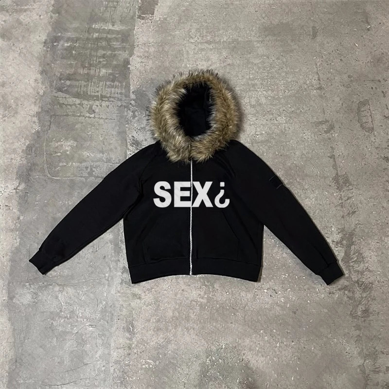 Winter Women Men Y2K Clothes Harajuku Letter Print HipHop Plush Stitching Hat Zip up Hoodie Loose Streetwear American Top Unisex 250109Z