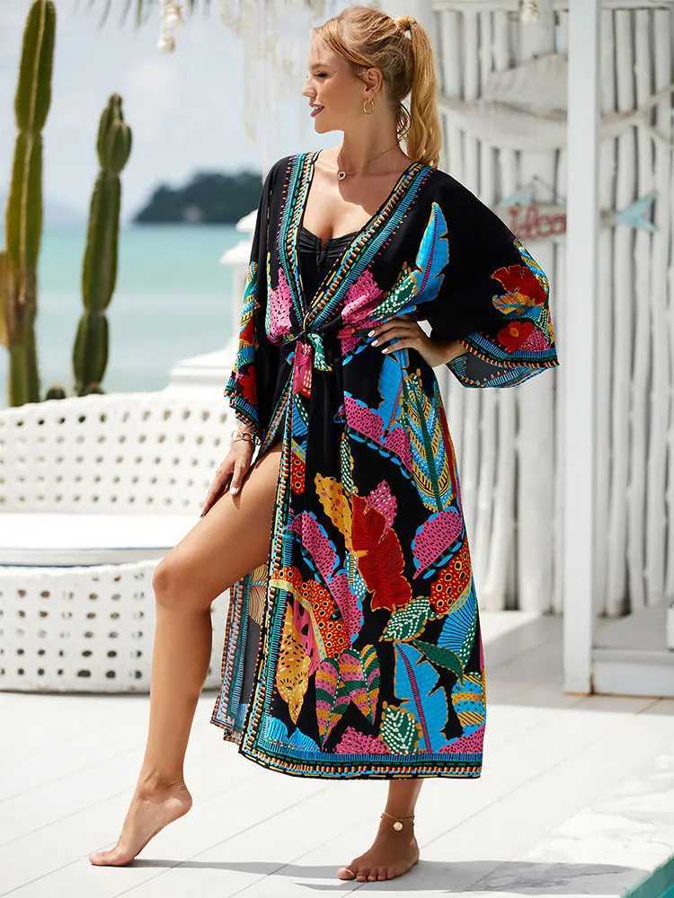 Bohemian Printed Belt Kimono Plus Size Batwing Sleeve Dr Summer Autumn 2023 Women Loose Beachwear Swimsuit Cover Up Shirt Q1 W250120