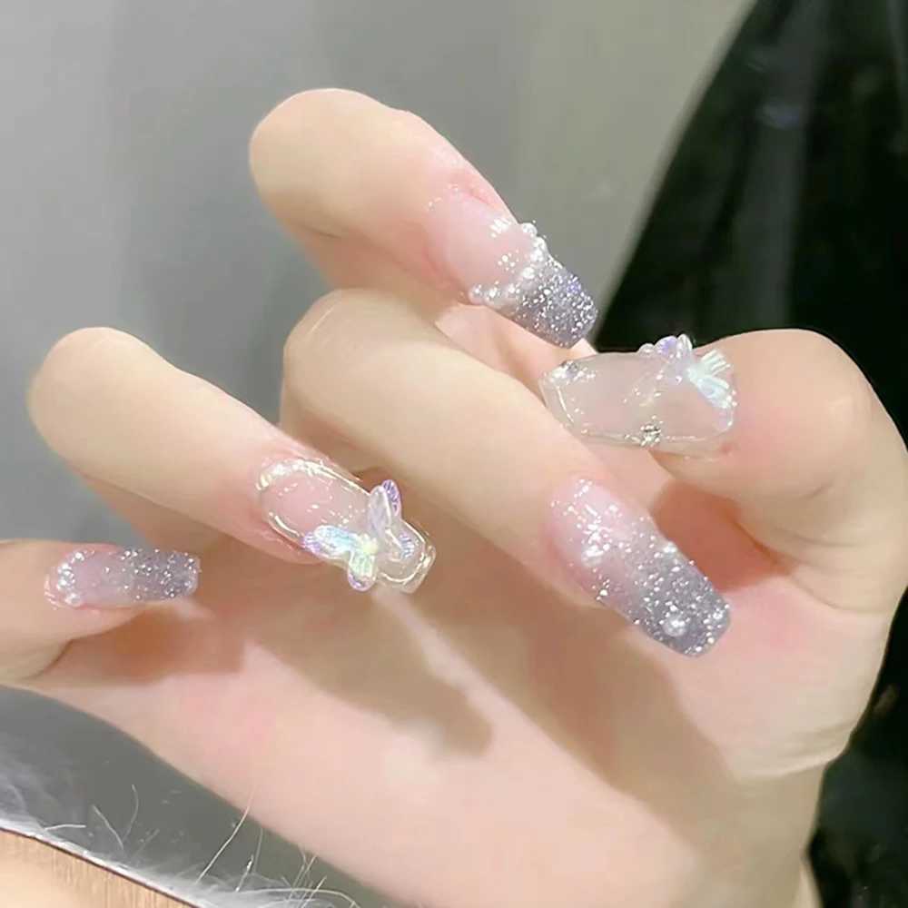 French Style False Nails Glitte Bow Design Fake Nail Patch False Nail Patch Mid Length Coffin Ballerina Acrylic Artificial NailsW250120