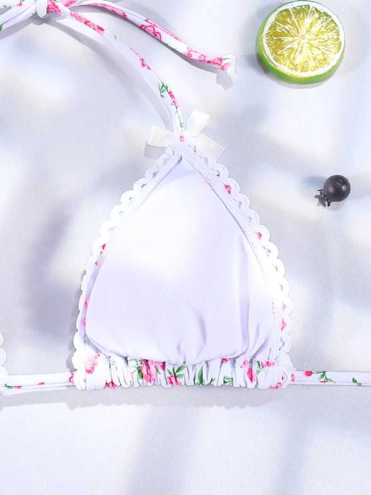 Floral Bikini Pink Swimwear Bow Swimsuit Women Low Waist Bathing Suit 2024 Summer Biquini Bandage Beachwear SexyXJ250120