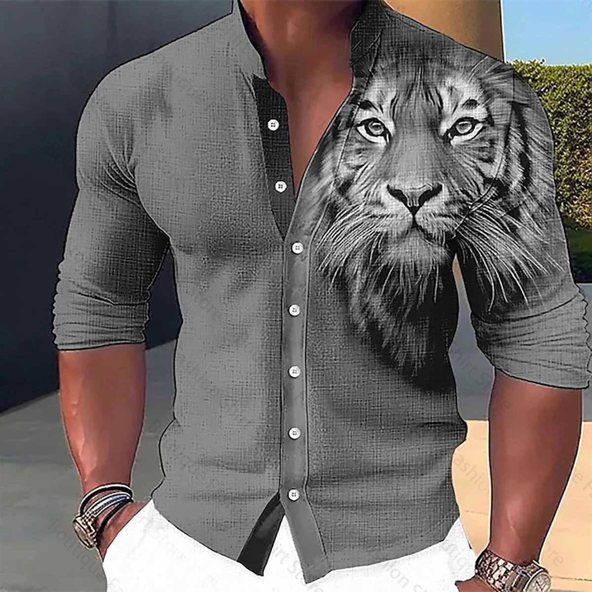 Mens Shirt Animal Tiger Pattern 3D Printing Stand Collar Fashion Street Casual Long Sleeve Shirt XS-6XL Fast ShippingXJ250121