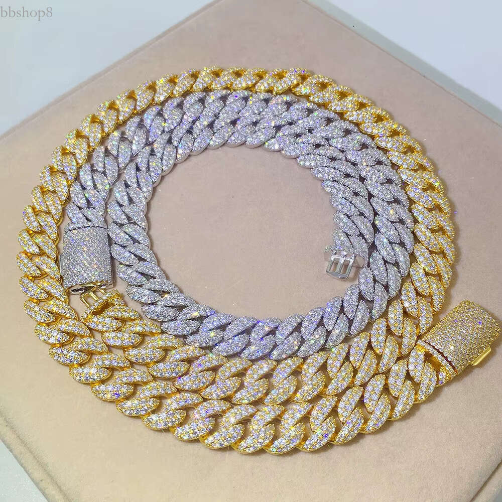 Fine Hip Hop Jewelry 12mm Double Rows Dia Gold Plated Sier Iced Out Moissanite Cuban k Chain Necklace Men