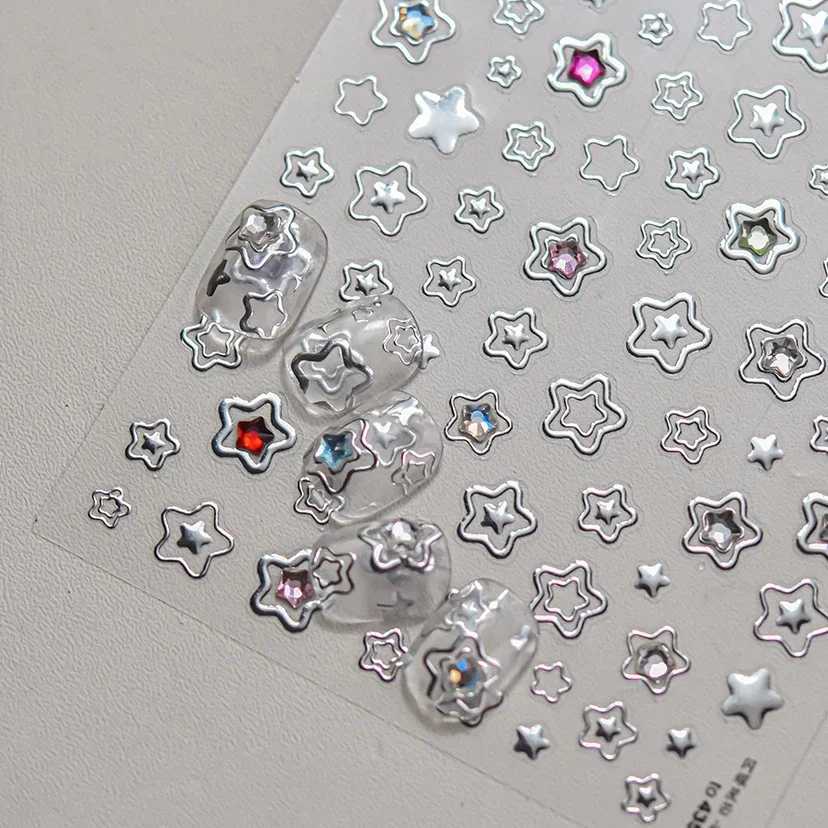 Colored Crystal Star Love Heart Shiny Silver Hollowed Smudging Rainbow Flower Jelly Embossed Nail Art Stickers Manicure DecalsXJ250120