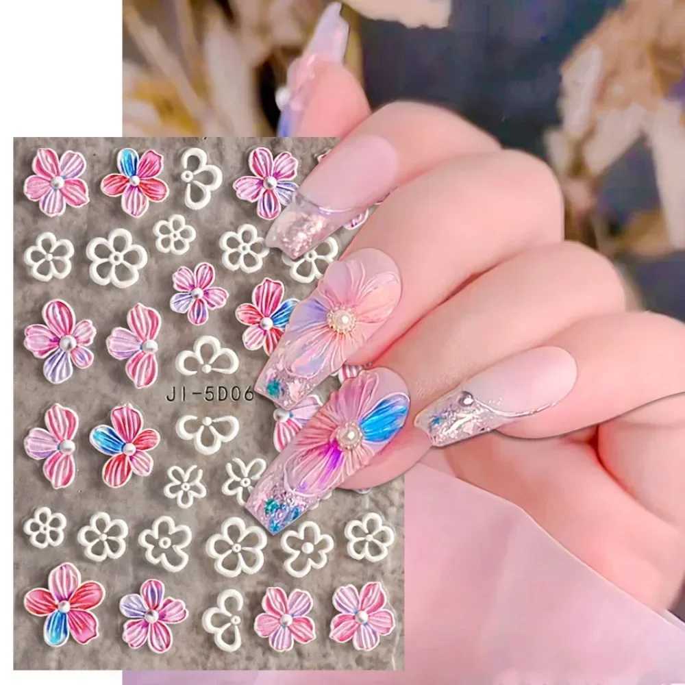 5D Nail Stickers Flowers Geometric Lines Decor Acrylic Embossed Sliders Gold Frame Nail Decals Cherry Blossom Manicure Nail ArtXJ250120