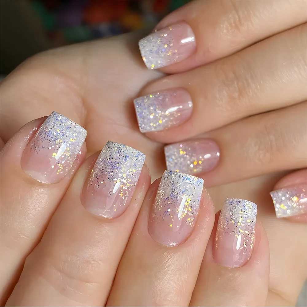 24Pcs Glitter Gradient White False Nails Set Short Square Head Press on Nails Wearable French Manicure Tips Full Cover Fake NailW250120