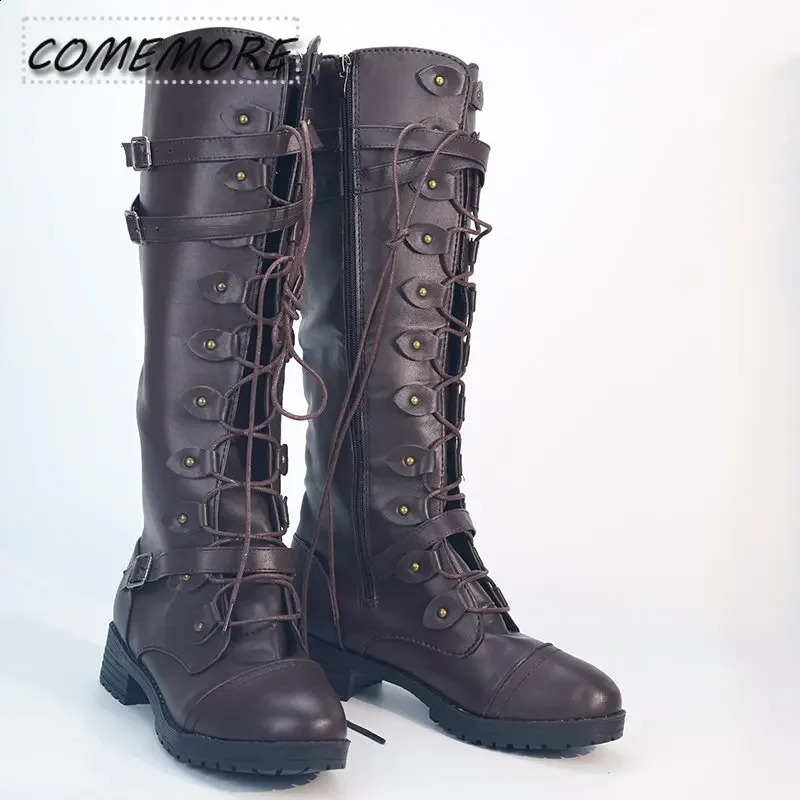 Women Knee High Boots Autumn Winter Lace Up Flat Shoes Sexy Steampunk PU Retro Buckle Woman Footwear Ladies Snow Platform 250117