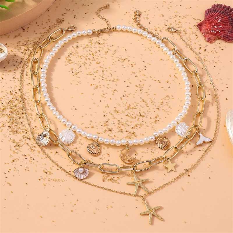 Fashion Muti-layers Imitation Pearl Necklaces for Women Summer Beach Starfish Shell Pendant Necklace Girls Vacation Jewelry GiftXJ250114