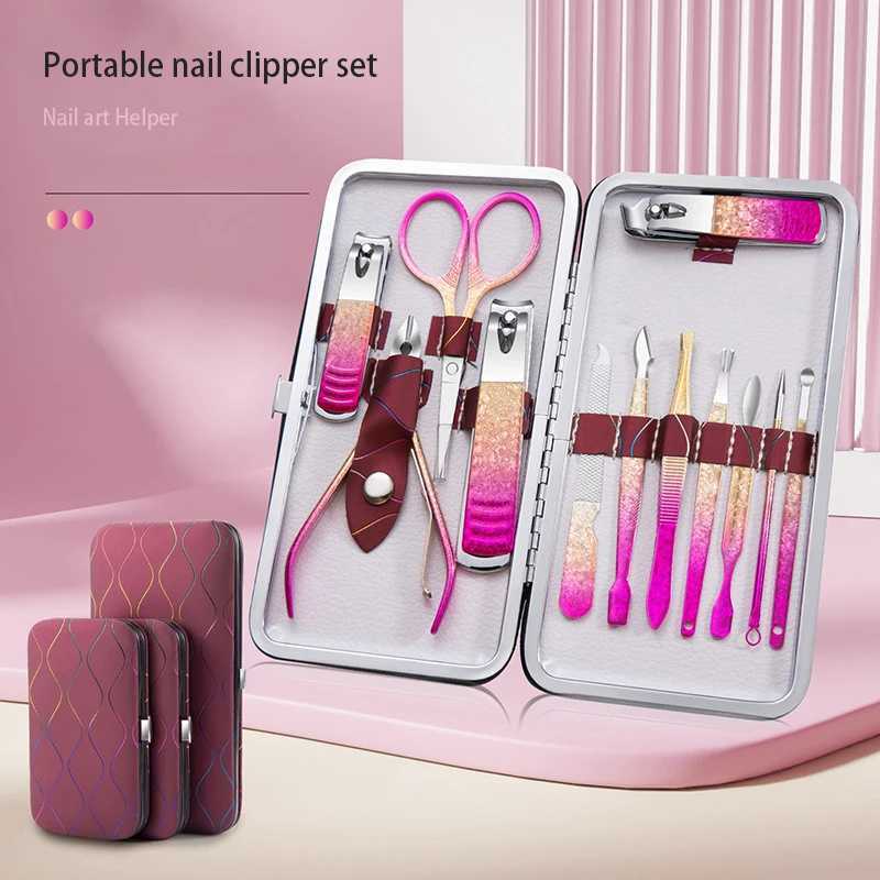 6-12PCS Ice gradient high quality steel Nail Clipper Cuticle Pusher Earpick Manicure Tools Pedicure Suit in PU CaseXJ250121